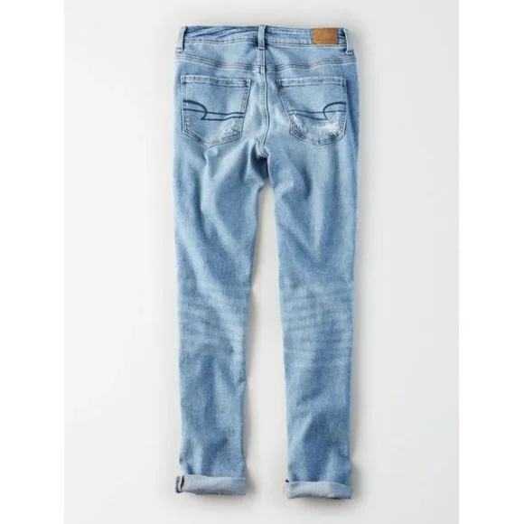 American Eagle Stretch Tomgirl Jeans Slashed Sky Destroyed Ripped BF Boyfriend 0 - Picture 5 of 14
